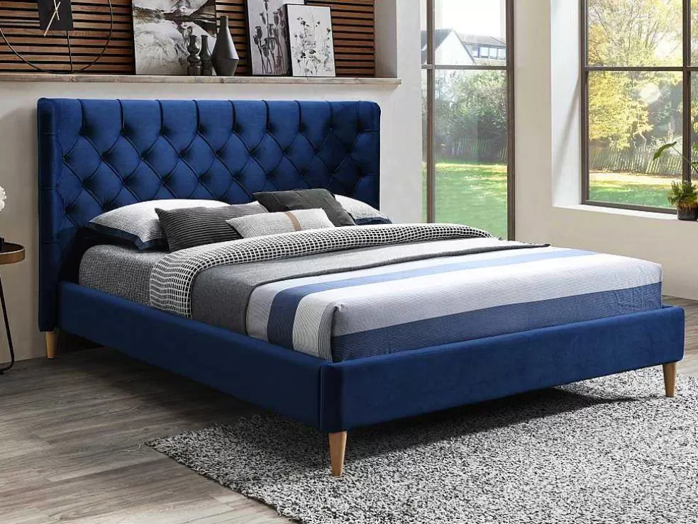 Vente-unique Cama 140 X 190 Cm Com Cabeceira De Cama Acolchoada Veludo Azul Real + Colchão - Enodi* Cama Em Veludo