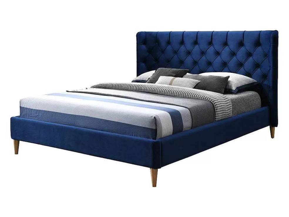 Vente-unique Cama 140 X 190 Cm Com Cabeceira De Cama Acolchoada Veludo Azul Real - Enodi* Cama Em Veludo