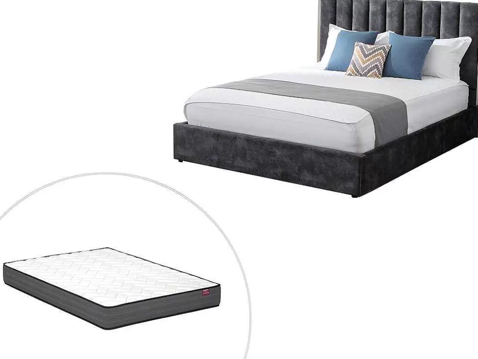 Vente-unique Cama 140 X 190 Cm Com Cabeceira De Cama Costuras Verticais Veludo Antracite + Colchão - Feroya* Cama Em Veludo