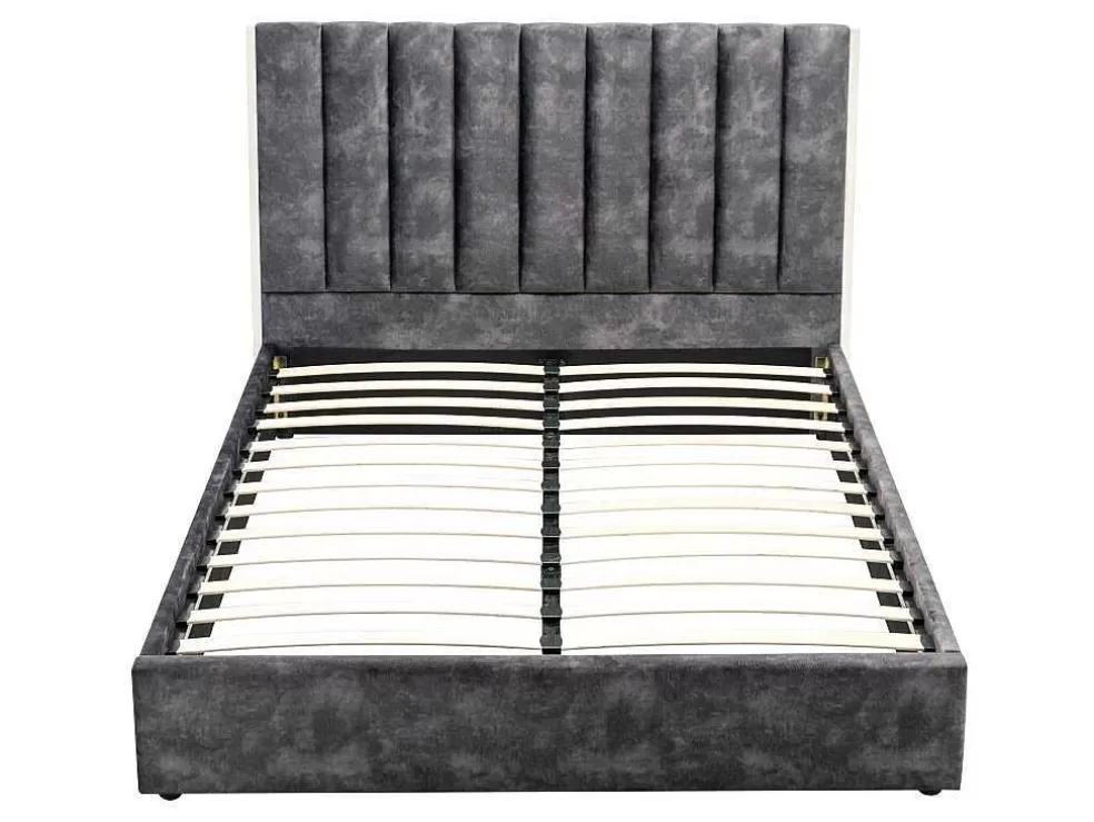 Vente-unique Cama 140 X 190 Cm Com Cabeceira De Cama Costuras Verticais Veludo Antracite - Feroya* Cama Em Veludo