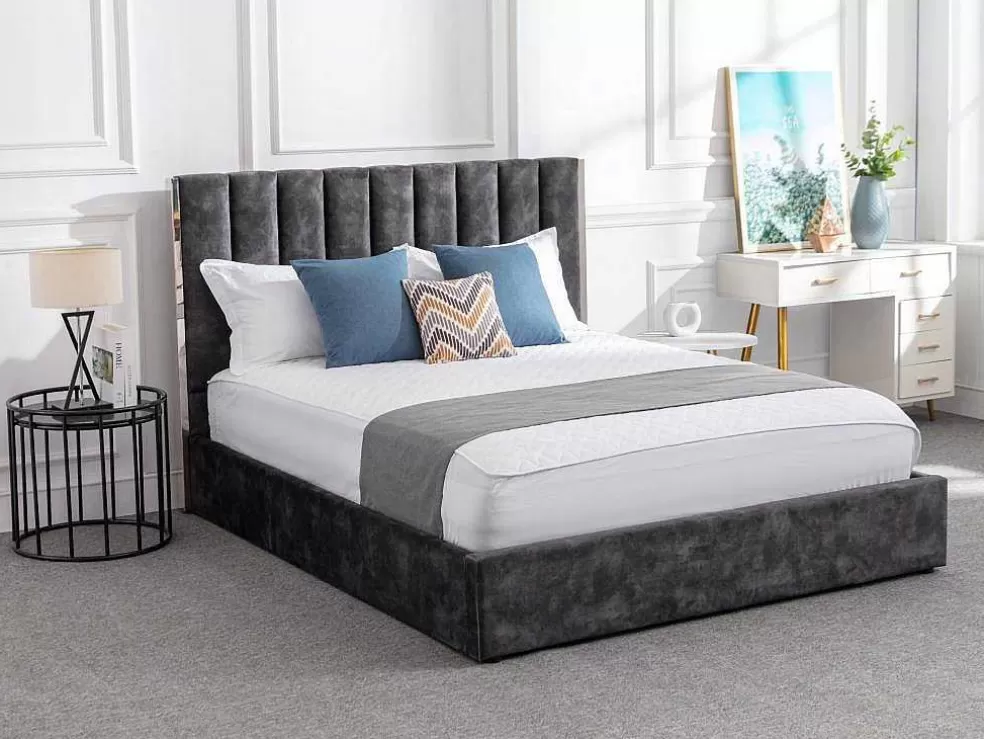 Vente-unique Cama 140 X 190 Cm Com Cabeceira De Cama Costuras Verticais Veludo Antracite - Feroya* Cama Em Veludo