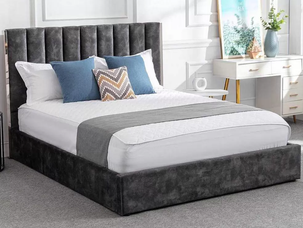 Vente-unique Cama 140 X 190 Cm Com Cabeceira De Cama Costuras Verticais Veludo Antracite - Feroya* Cama Em Veludo