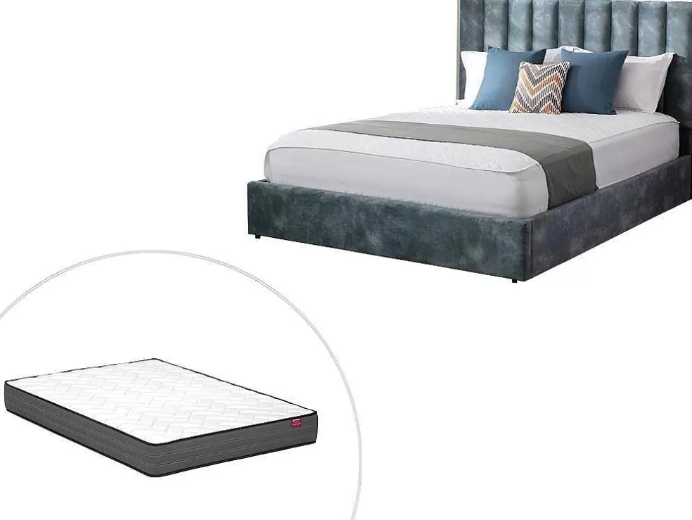 Vente-unique Cama 140 X 190 Cm Com Cabeceira De Cama Costuras Verticais Veludo Azul-Esverdeado + Colchão - Feroya* Cama Em Veludo