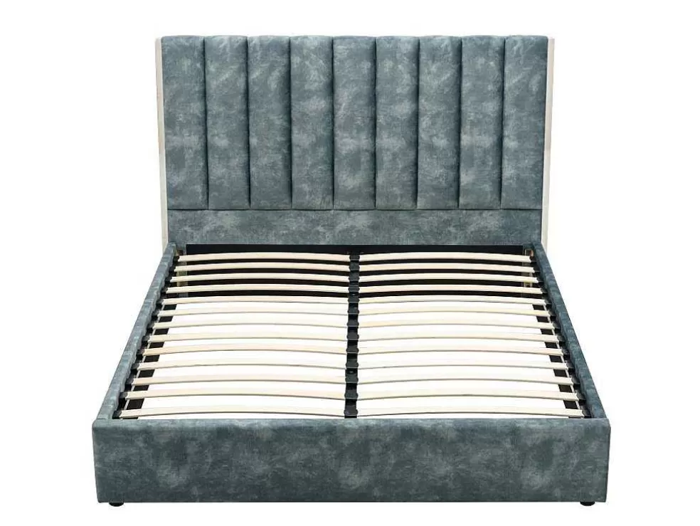 Vente-unique Cama 140 X 190 Cm Com Cabeceira De Cama Costuras Verticais Veludo Azul-Esverdeado + Colchão - Feroya* Cama Em Veludo