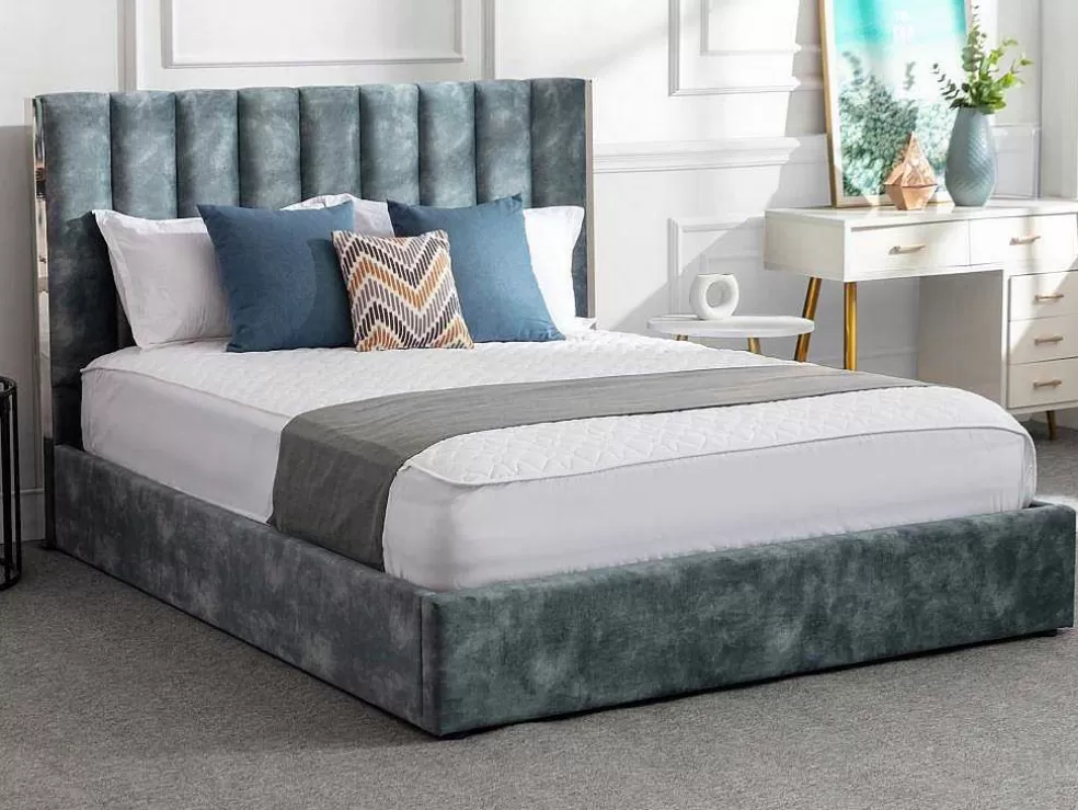 Vente-unique Cama 140 X 190 Cm Com Cabeceira De Cama Costuras Verticais Veludo Azul-Esverdeado + Colchão - Feroya* Cama Em Veludo