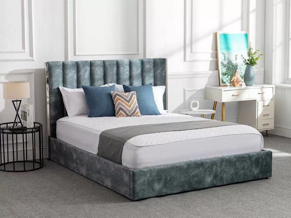Vente-unique Cama 140 X 190 Cm Com Cabeceira De Cama Costuras Verticais Veludo Azul-Esverdeado - Feroya* Cama Em Veludo
