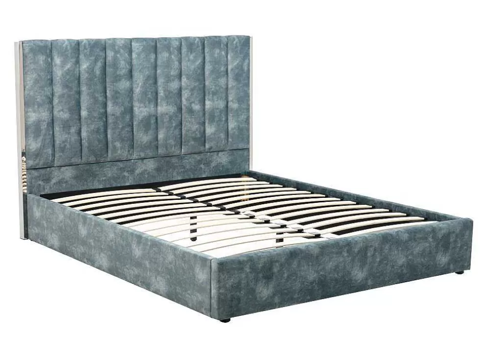Vente-unique Cama 140 X 190 Cm Com Cabeceira De Cama Costuras Verticais Veludo Azul-Esverdeado - Feroya* Cama Em Veludo