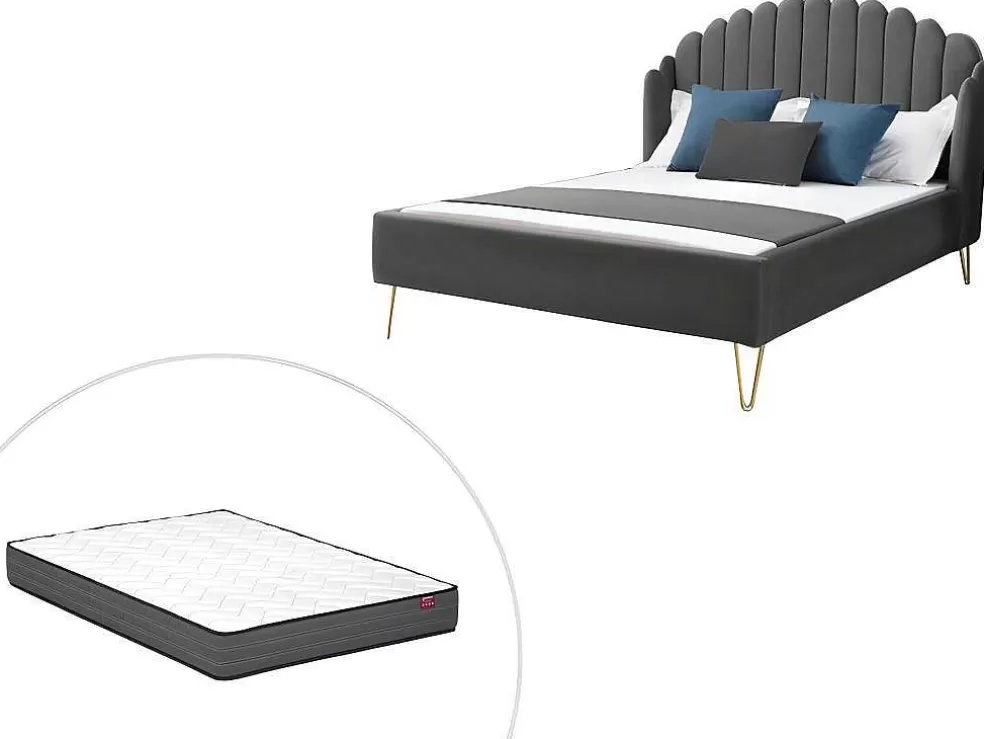 Vente-unique Cama 160 X 200 Cm Com Cabeceira De Cama Ondulada Veludo Cinzento + Colchão - Sagali* Cama Em Veludo