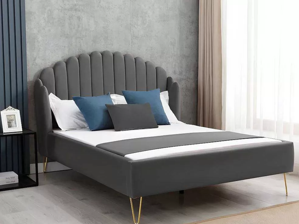 Vente-unique Cama 160 X 200 Cm Com Cabeceira De Cama Ondulada Veludo Cinzento + Colchão - Sagali* Cama Em Veludo