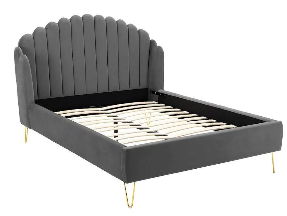 Vente-unique Cama 160 X 200 Cm Com Cabeceira De Cama Ondulada Veludo Cinzento + Colchão - Sagali* Cama Em Veludo