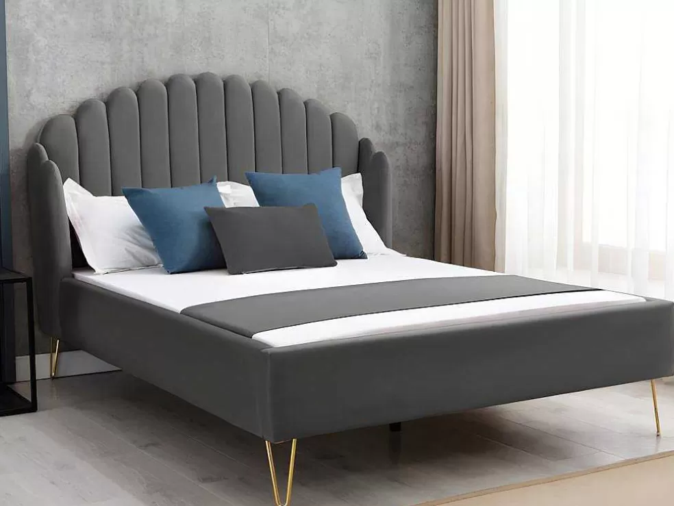 Vente-unique Cama 160 X 200 Cm Com Cabeceira De Cama Ondulada Veludo Cinzento + Colchão - Sagali* Cama Em Veludo