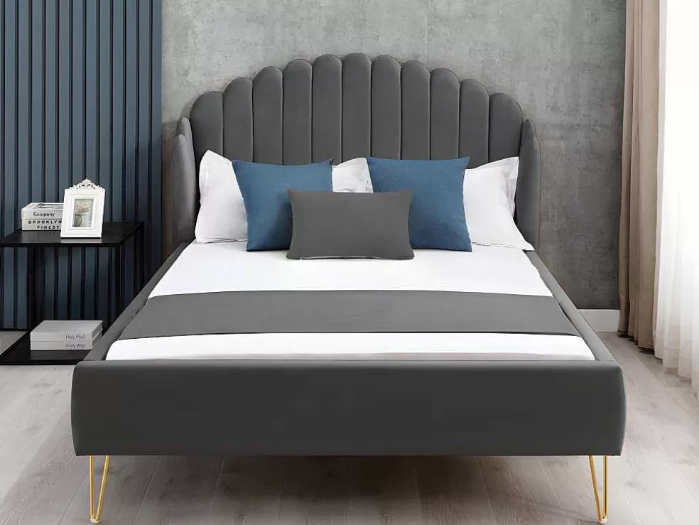Vente-unique Cama 160 X 200 Cm Com Cabeceira De Cama Ondulada Veludo Cinzento + Colchão - Sagali* Cama Em Veludo