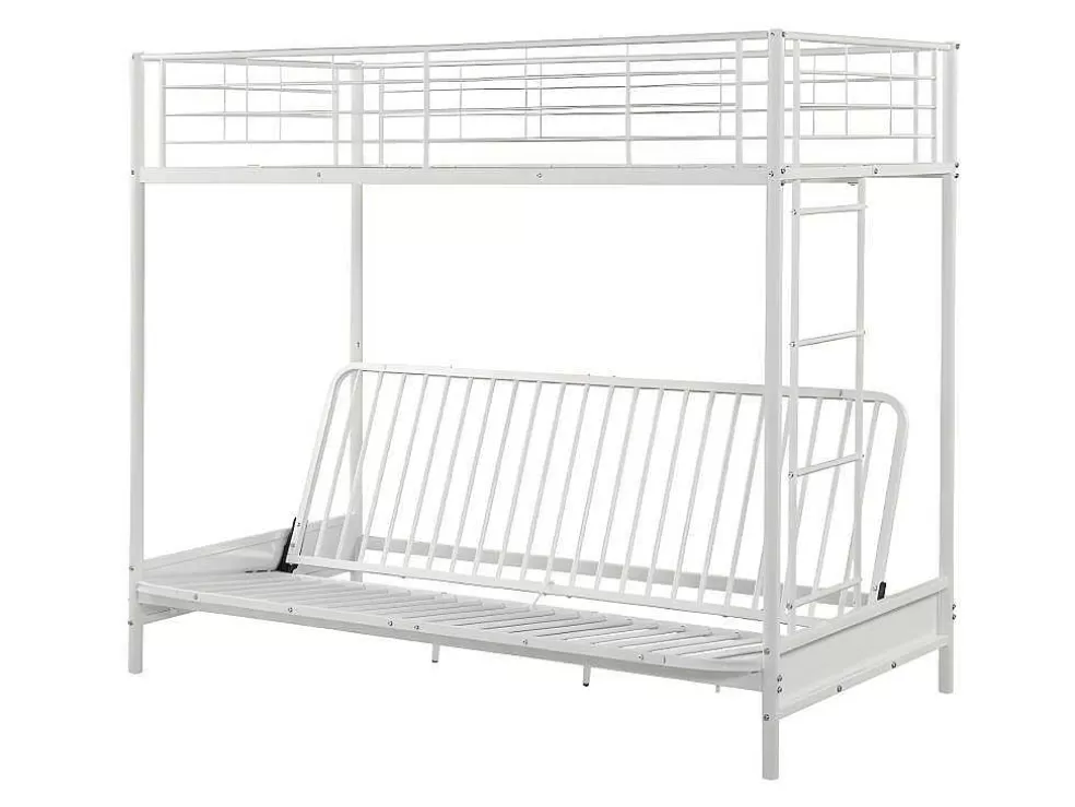 Vente-unique Cama Alta 90 X 190 Cm Com Banco Convertivel Em Metal Branco E Futon Preto - Modulo V* Cama Alta