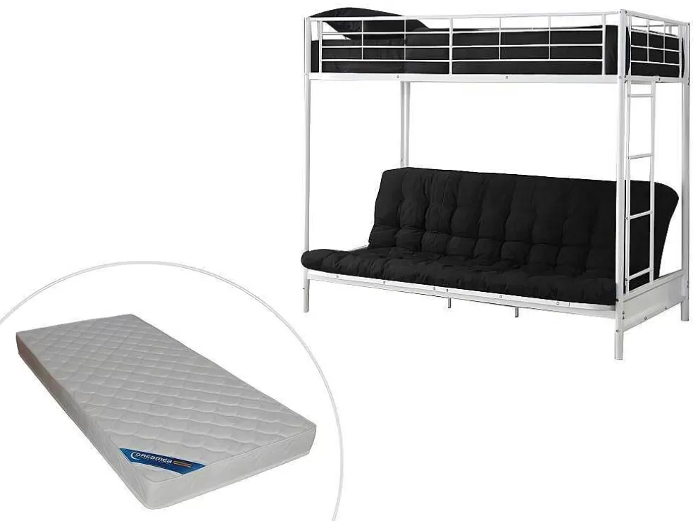 Vente-unique Cama Alta 90 X 190 Cm Com Banco Convertivel Em Metal Branco, Futon E Colchão - Modulo V* Cama Alta