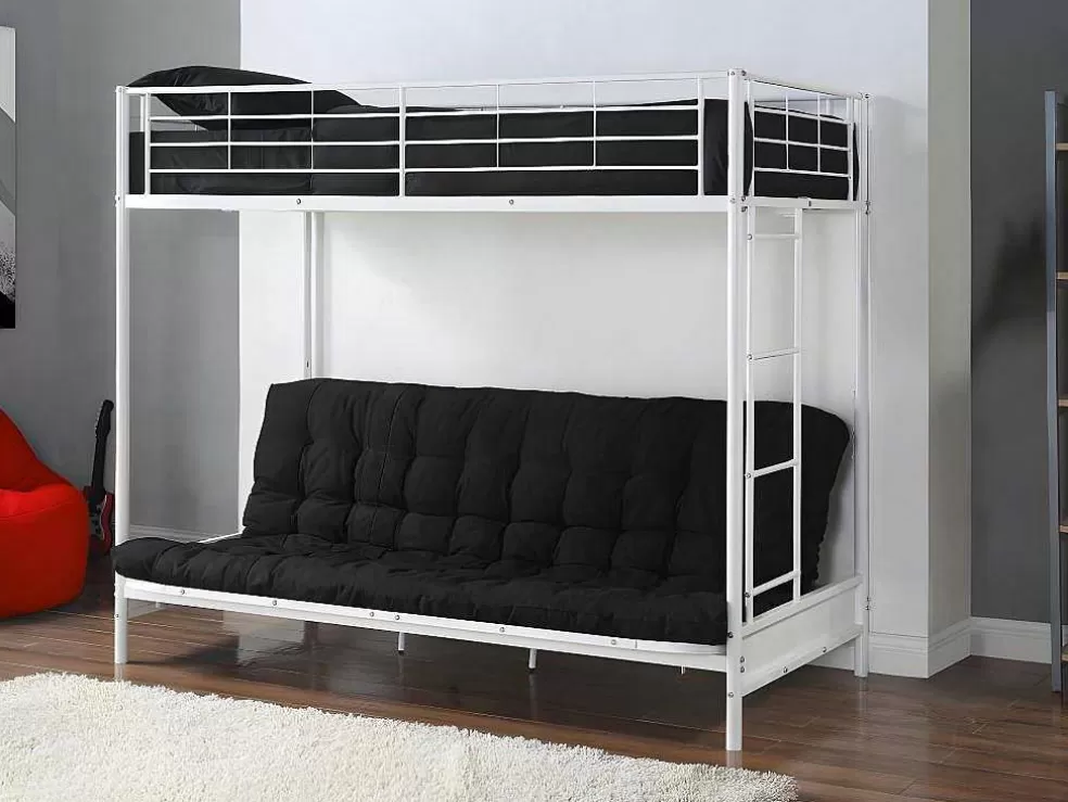 Vente-unique Cama Alta 90 X 190 Cm Com Banco Convertivel Em Metal Branco, Futon E Colchão - Modulo V* Cama Alta