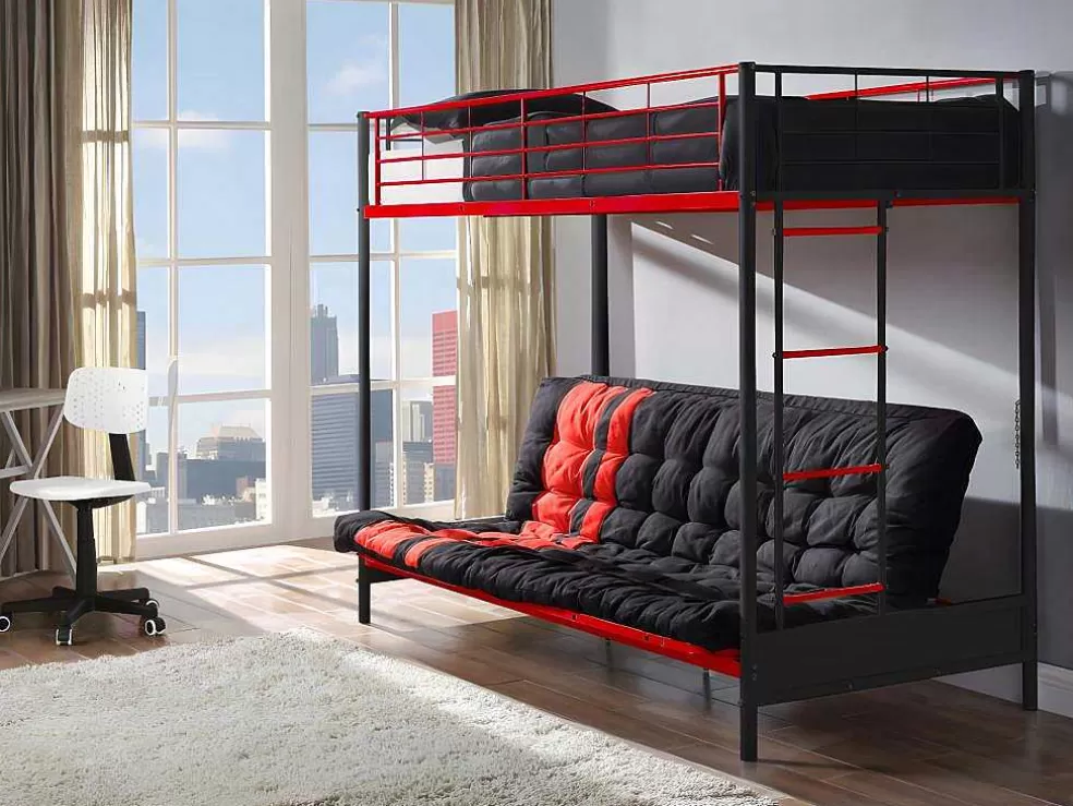 Vente-unique Cama Alta 90 X 190 Cm Com Banco Convertivel Em Metal Preto E Vermelho E Futon - Modulo V* Cama Alta