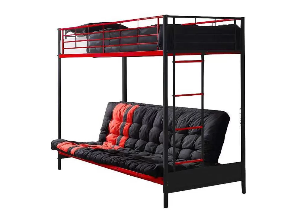 Vente-unique Cama Alta 90 X 190 Cm Com Banco Convertivel Em Metal Preto E Vermelho, Futon E Colchão - Modulo V* Cama Alta