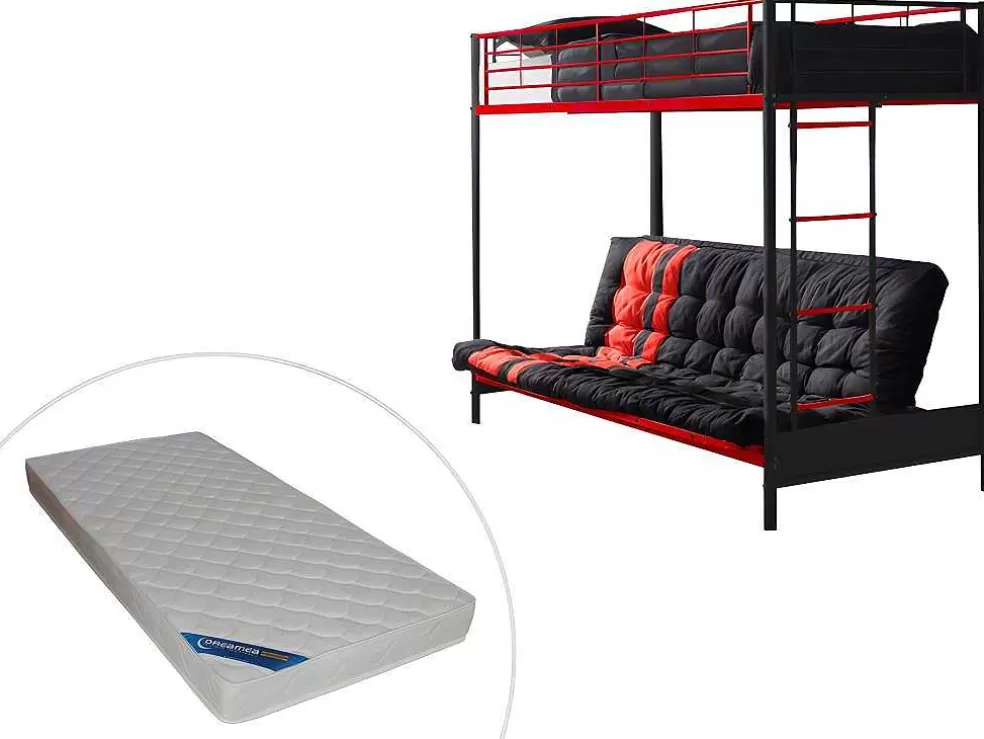 Vente-unique Cama Alta 90 X 190 Cm Com Banco Convertivel Em Metal Preto E Vermelho, Futon E Colchão - Modulo V* Cama Alta