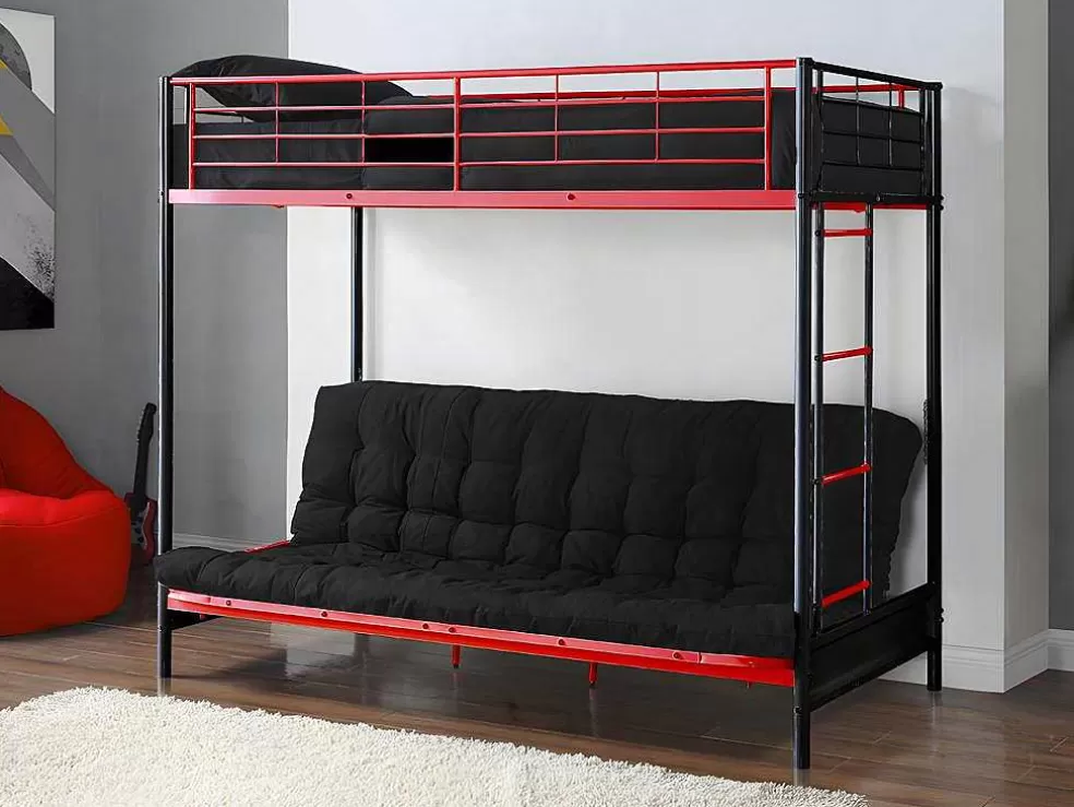 Vente-unique Cama Alta 90 X 190 Cm Com Banco Convertivel Em Metal Preto E Vermelho, Futon E Colchão - Modulo V* Cama Alta