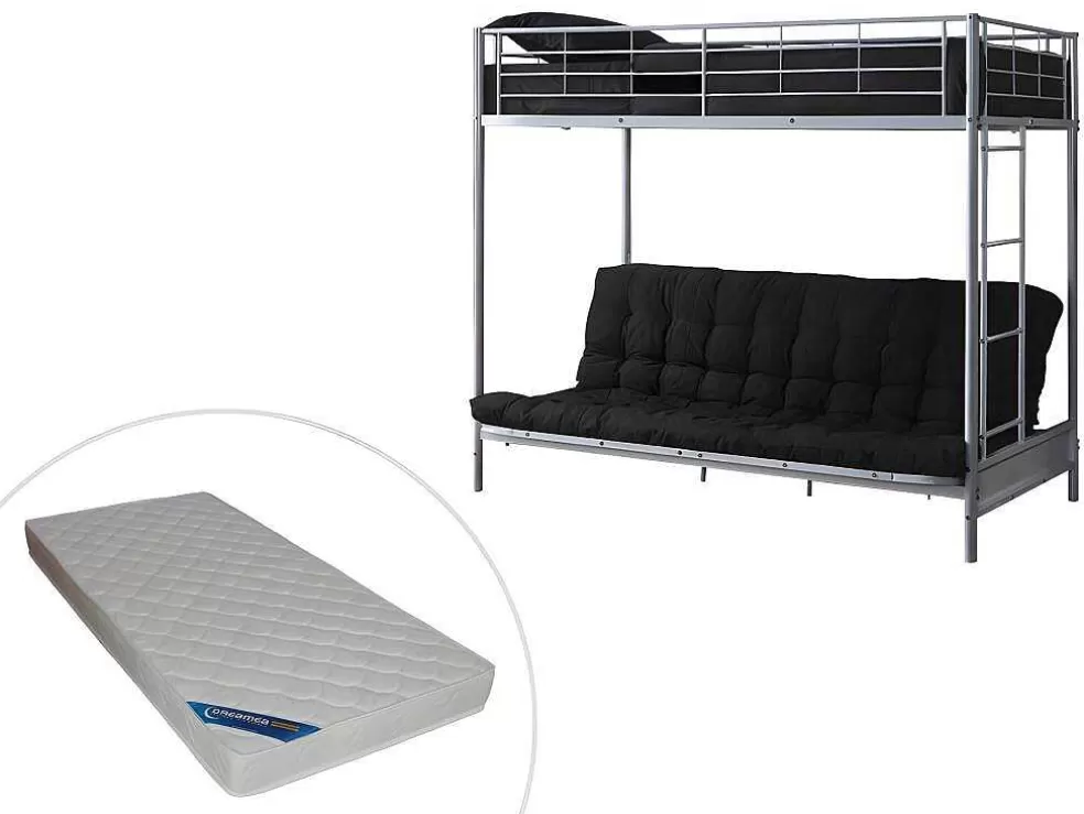 Vente-unique Cama Alta 90 X 190 Cm Com Banco Convertivel Metal Prateado + Futon + Colchão - Modulo V* Cama Alta