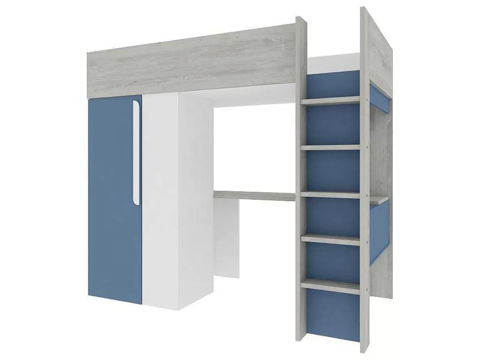 Vente-unique Cama Alta 90 X 200 Cm Com Guarda-Roupa E Secretária Azul E Branco + Colchão - Nicolas* Cama Alta