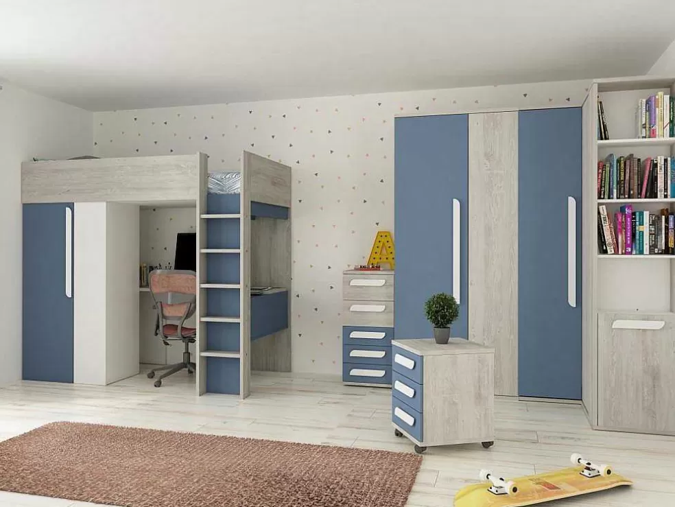 Vente-unique Cama Alta 90 X 200 Cm Com Guarda-Roupa E Secretária Azul E Branco + Colchão - Nicolas* Cama Alta