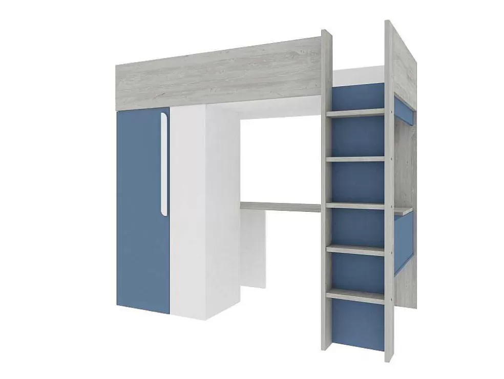 Vente-unique Cama Alta 90 X 200 Cm Com Guarda-Roupa E Secretária Azul E Branco + Colchão - Nicolas* Cama Alta