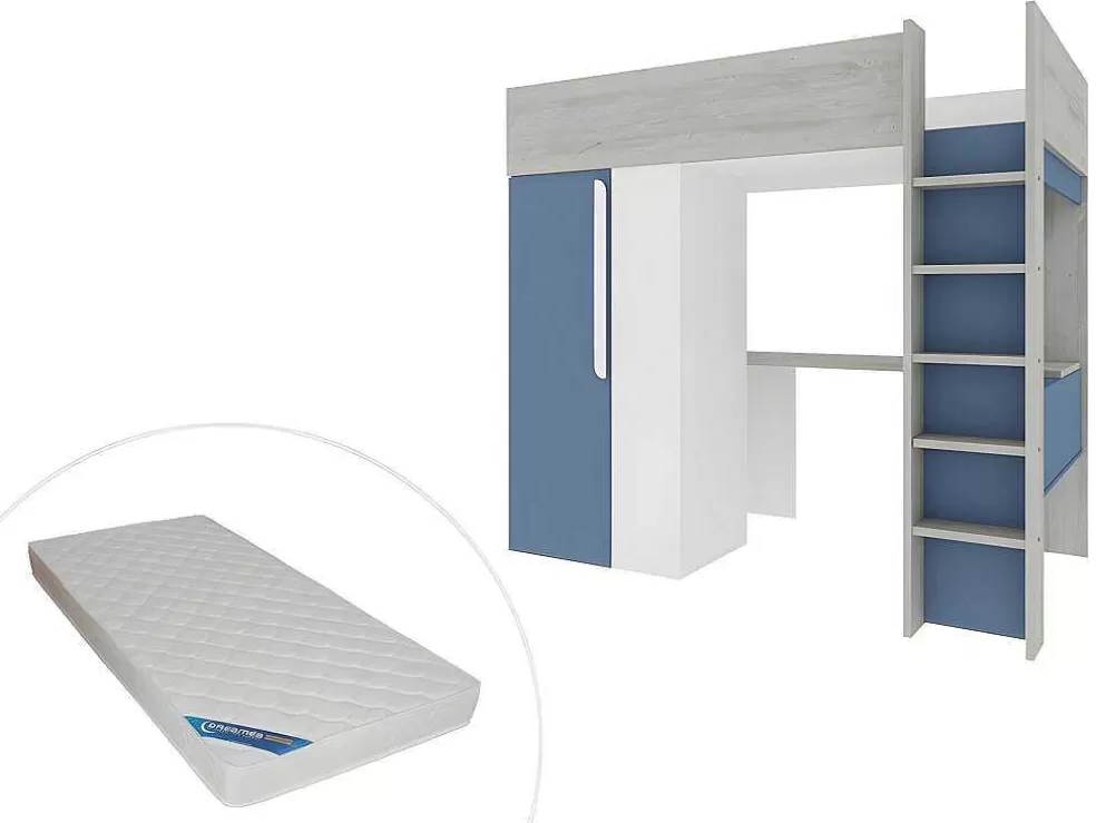 Vente-unique Cama Alta 90 X 200 Cm Com Guarda-Roupa E Secretária Azul E Branco + Colchão - Nicolas* Cama Alta