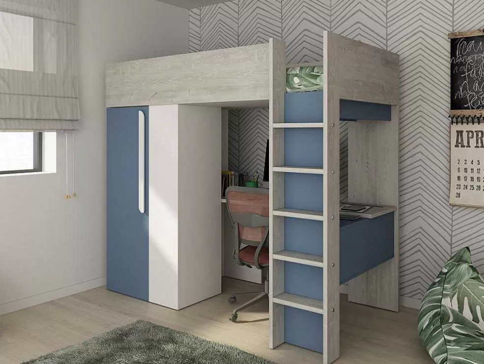 Vente-unique Cama Alta 90 X 200 Cm Com Guarda-Roupa E Secretária Azul E Branco + Colchão - Nicolas* Cama Alta