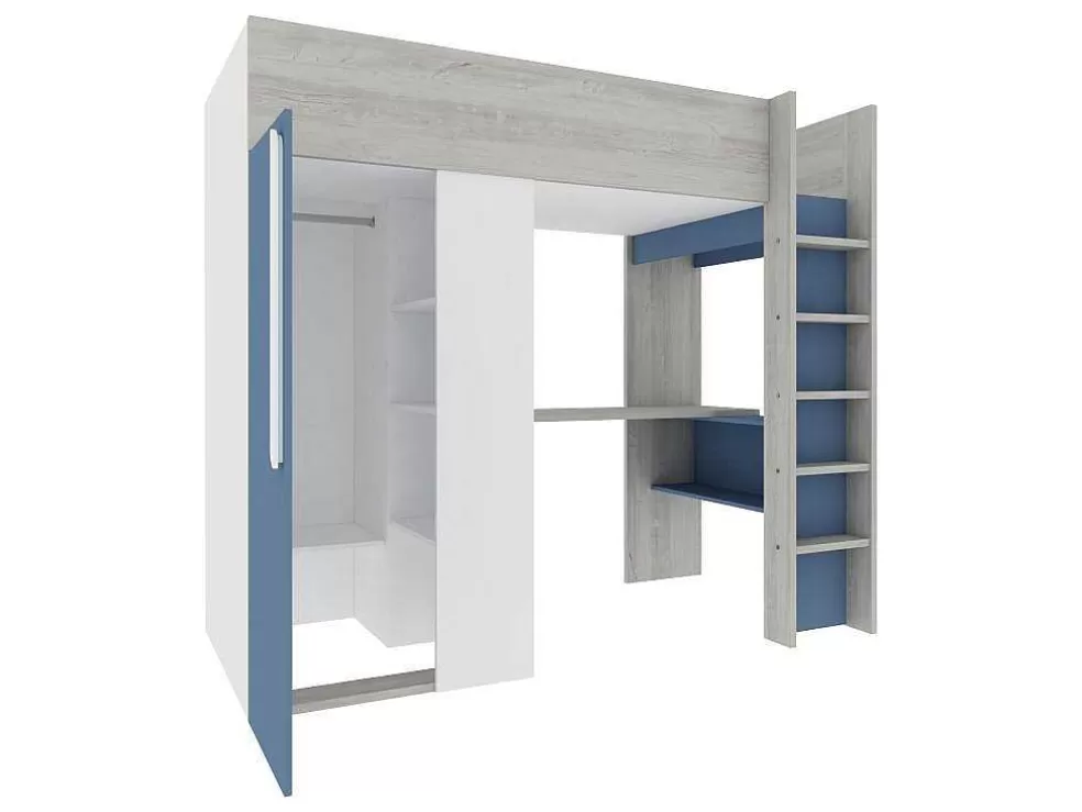 Vente-unique Cama Alta 90 X 200 Cm Com Guarda-Roupa E Secretária Azul E Branco - Nicolas* Cama Alta