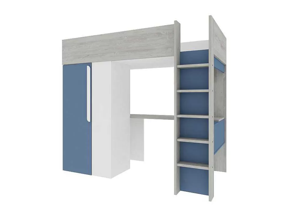 Vente-unique Cama Alta 90 X 200 Cm Com Guarda-Roupa E Secretária Azul E Branco - Nicolas* Cama Alta