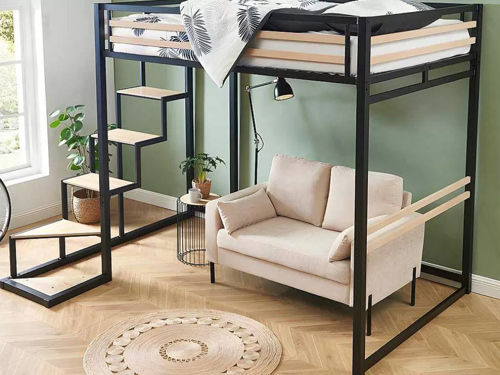Vente-unique Cama Alta 140 X 200 Cm Metal E Mdf Preto E Carvalho + Colchão + Edredão + Almofadas - Jogui* Cama Alta