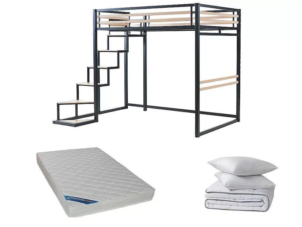 Vente-unique Cama Alta 140 X 200 Cm Metal E Mdf Preto E Carvalho + Colchão + Edredão + Almofadas - Jogui* Cama Alta