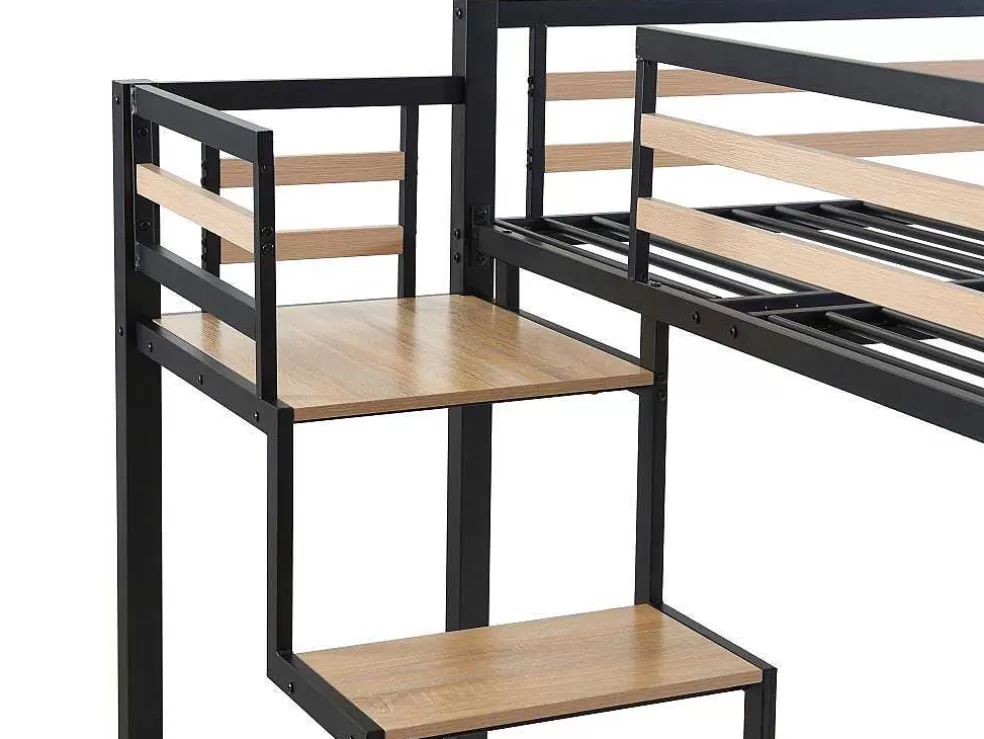 Vente-unique Cama Alta 140 X 200 Cm Metal E Mdf Preto E Carvalho + Colchão + Edredão + Almofadas - Jogui* Cama Alta