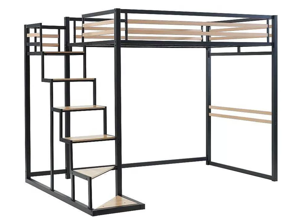Vente-unique Cama Alta 140 X 200 Cm Metal E Mdf Preto E Carvalho + Colchão + Edredão + Almofadas - Jogui* Cama Alta