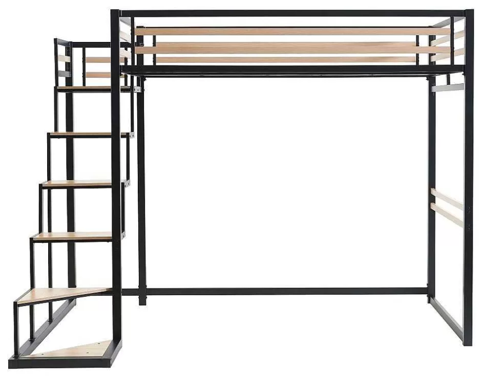 Vente-unique Cama Alta 140 X 200 Cm Metal E Mdf Preto E Carvalho + Colchão + Edredão + Almofadas - Jogui* Cama Alta