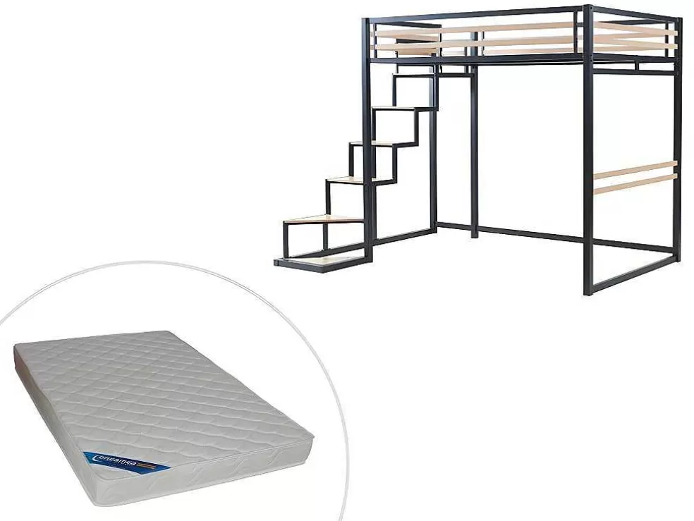 Vente-unique Cama Alta 140 X 200 Cm Metal E Mdf Preto E Natural + Colchão - Jogui* Cama Alta