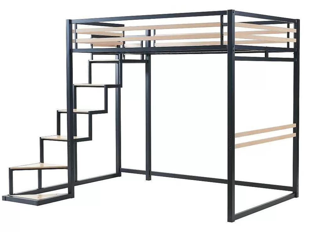 Vente-unique Cama Alta 140 X 200 Cm Metal E Mdf Preto E Natural + Colchão - Jogui* Cama Alta