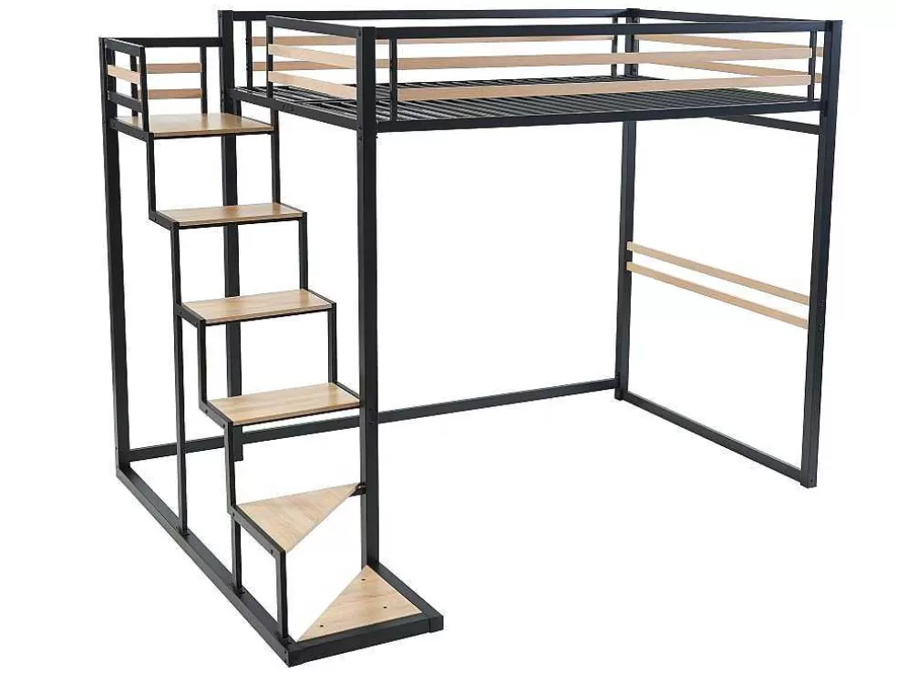 Vente-unique Cama Alta 140 X 200 Cm Metal E Mdf Preto E Natural + Colchão - Jogui* Cama Alta
