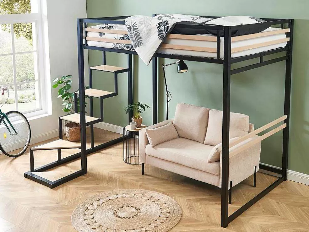 Vente-unique Cama Alta 140 X 200 Cm Metal E Mdf Preto E Natural + Colchão - Jogui* Cama Alta