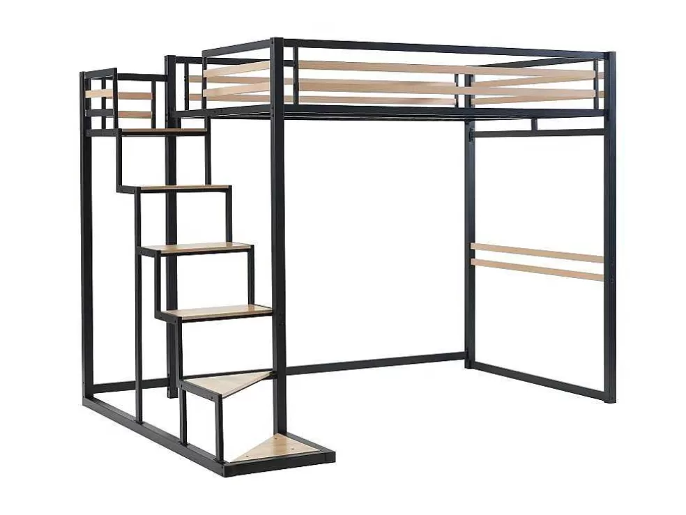 Vente-unique Cama Alta 140 X 200 Cm Metal E Mdf Preto E Natural - Jogui* Cama De Criança