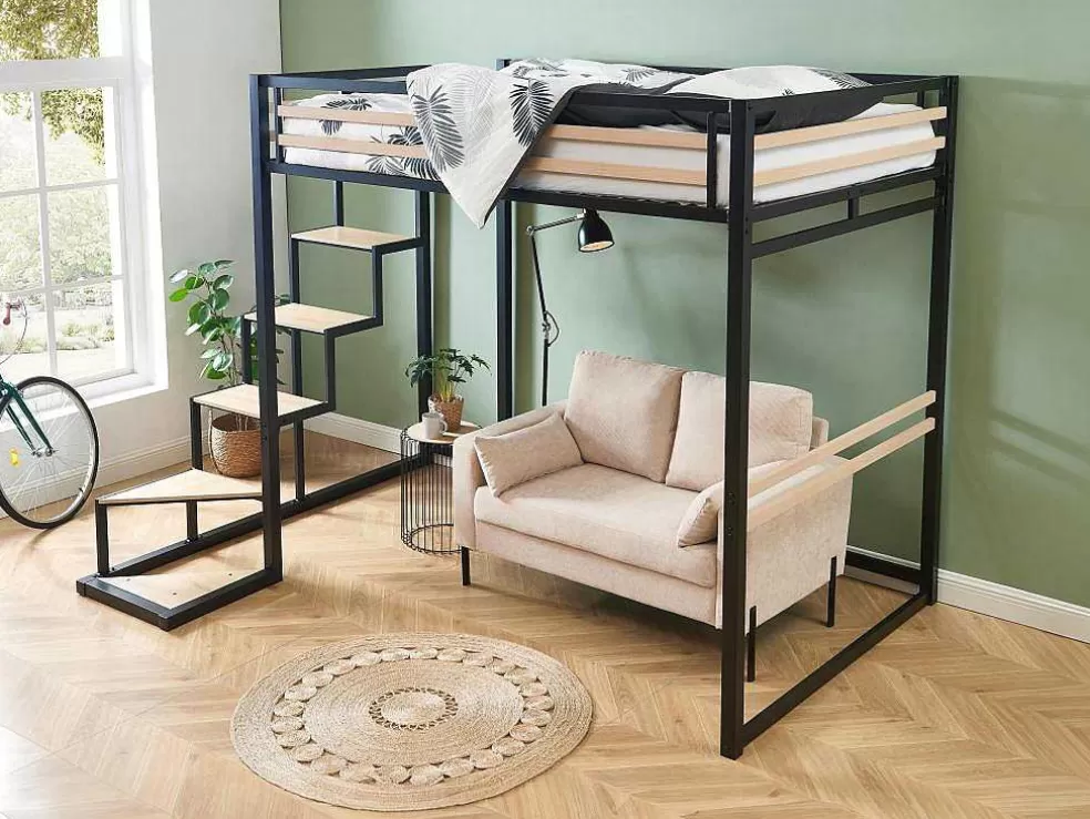 Vente-unique Cama Alta 140 X 200 Cm Metal E Mdf Preto E Natural - Jogui* Cama De Criança