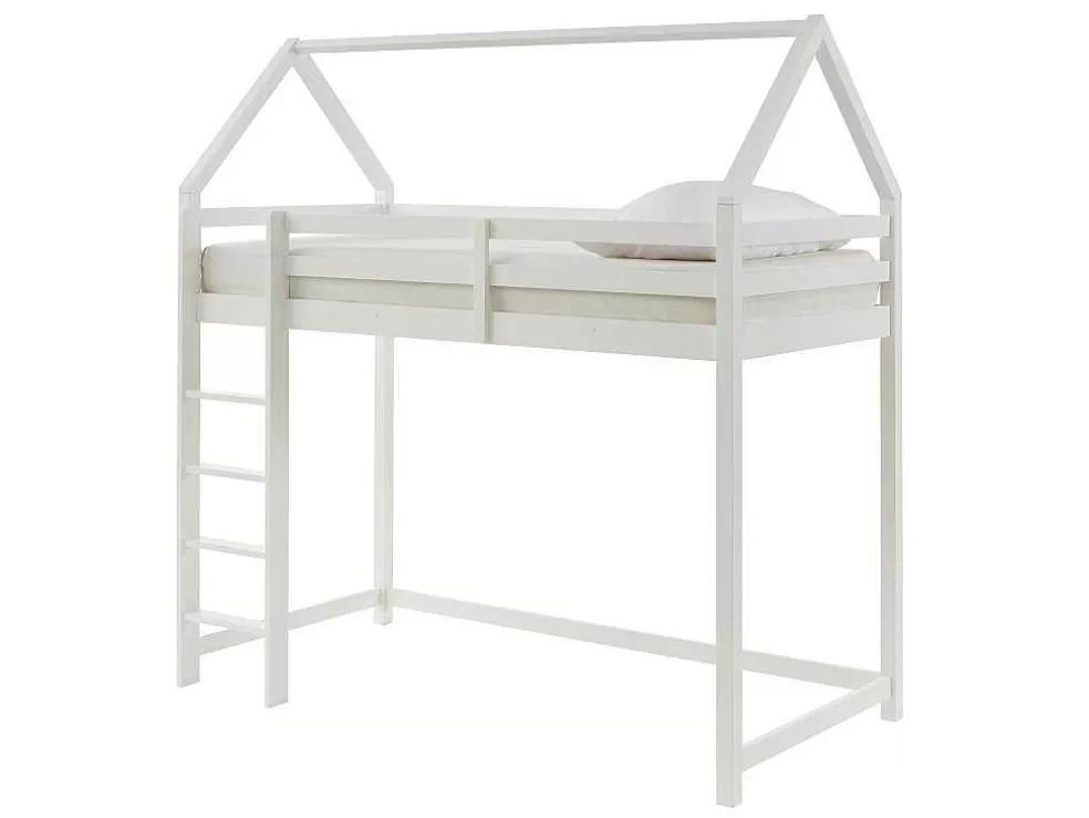 Vente-unique Cama Alta Cabana De 90 X 190 Cm Em Pinho Cor Branco + Colchão - Tarzia* Cama Alta