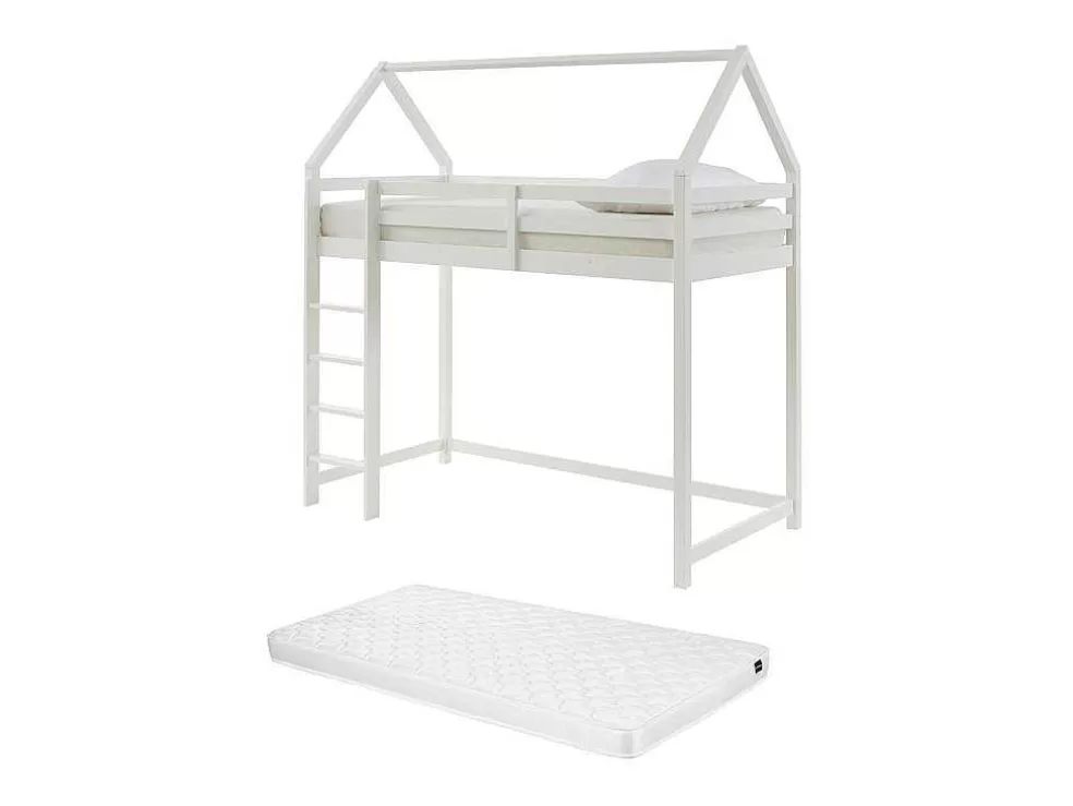 Vente-unique Cama Alta Cabana De 90 X 190 Cm Em Pinho Cor Branco + Colchão - Tarzia* Cama Alta