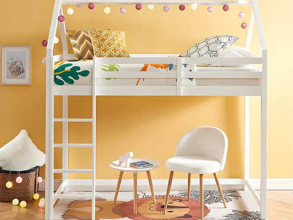 Vente-unique Cama Alta Cabana De 90 X 190 Cm Em Pinho Cor Branco + Colchão - Tarzia* Cama Alta