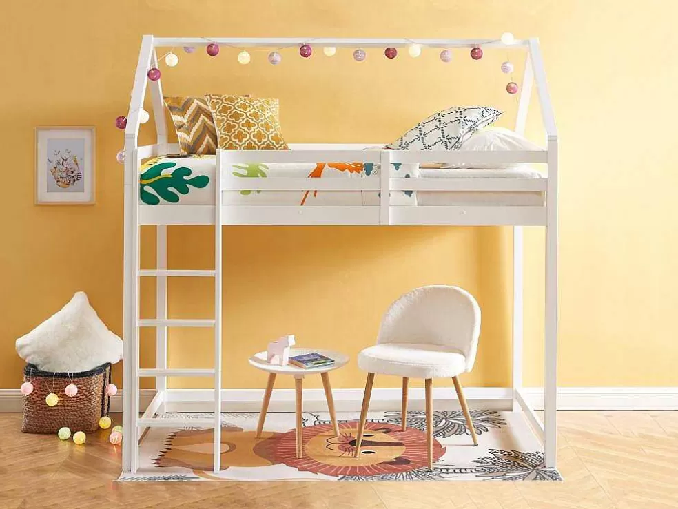 Vente-unique Cama Alta Cabana De 90 X 190 Cm Em Pinho Macico Cor Branco - Tarzia* Cama De Criança