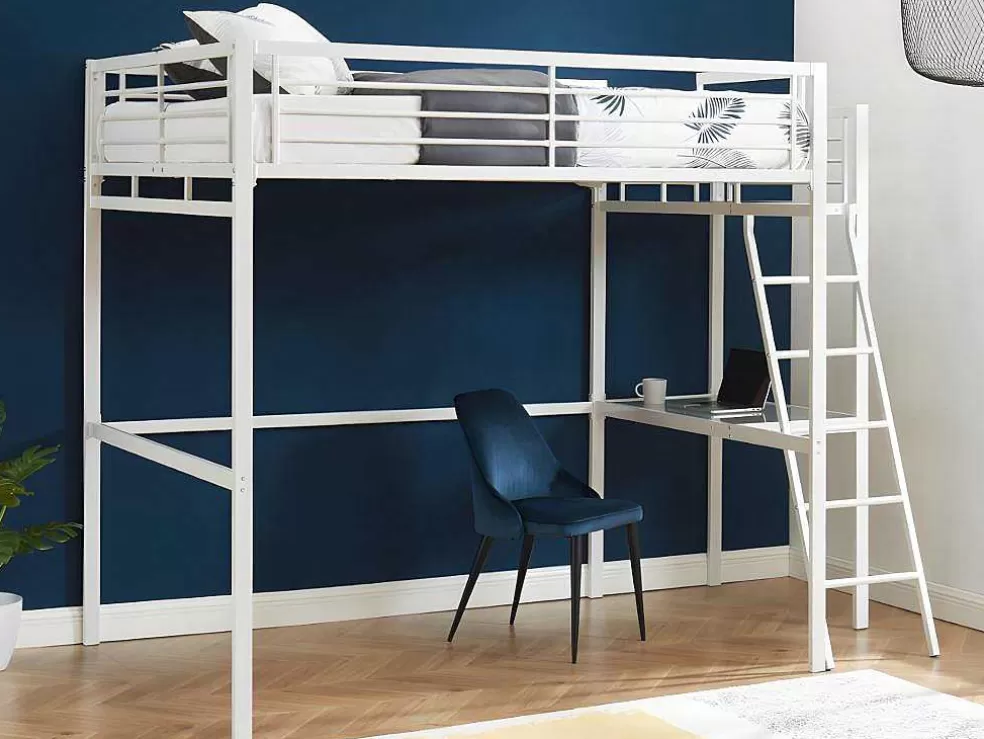 Vente-unique Cama Alta Casual Ii - 140 X 190 Cm - Tampo De Secretária - Branco + Colchão* Cama Alta