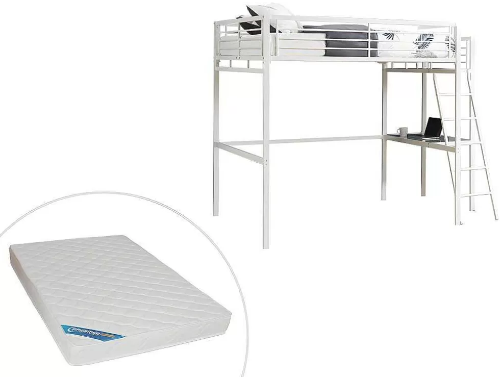 Vente-unique Cama Alta Casual Ii - 140 X 190 Cm - Tampo De Secretária - Branco + Colchão* Cama Alta