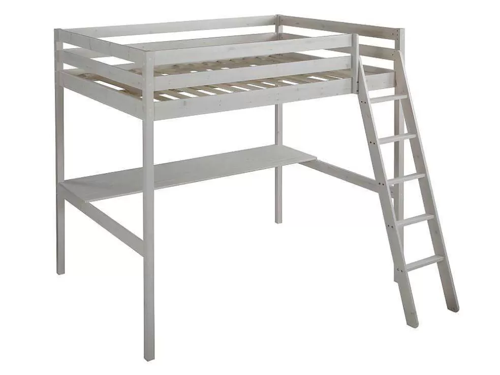 Vente-unique Cama Alta Com Posto De Trabalho 140X190 Cm Em Pinho Macico Branqueado - Gedeon* Cama Alta