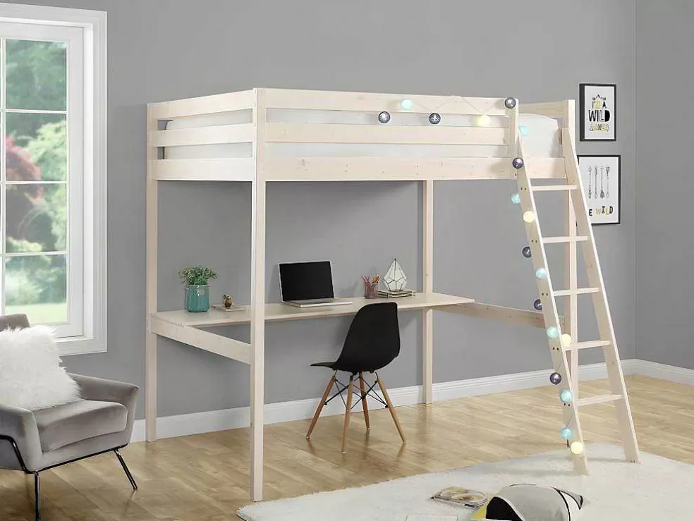 Vente-unique Cama Alta Com Posto De Trabalho 140X190 Cm Em Pinho Macico Branqueado - Gedeon* Cama Alta